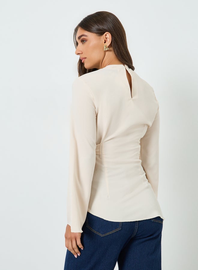 ستايلي بلوزة نسائية بأكمام طويلة وربطة خصر بلون بيج - Image 4